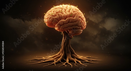 Brain tree of life growing with new shoots, signifying innovation, intelligence, knowledge and growth, Symbolism of a human brain, a tree and roots