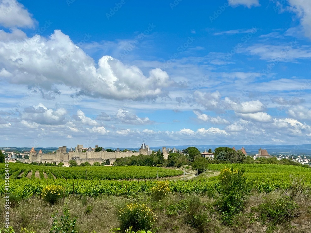 Obraz premium Medieval fortified city of Carcassonne, France, with impressive stone walls and conical towers. A vineyard with lush green grapevines occupies the foreground. 
