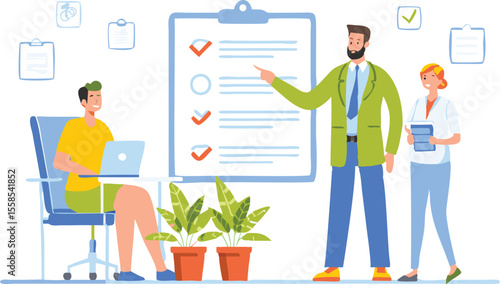 Illustration of a man working on a laptop with a manager and a doctor discussing a checklist