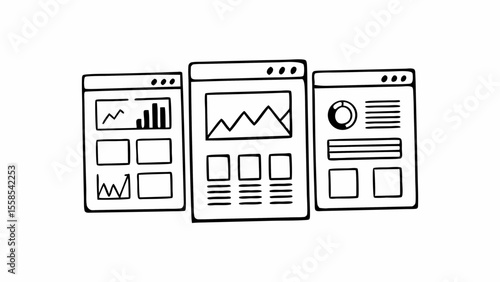 Three hand drawn website templates with charts and graphs in a row, showing different layouts and data created with generated ai