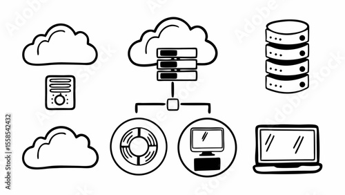 Illustration of cloud computing network with server database and computer devices in a black and white style created with generated ai