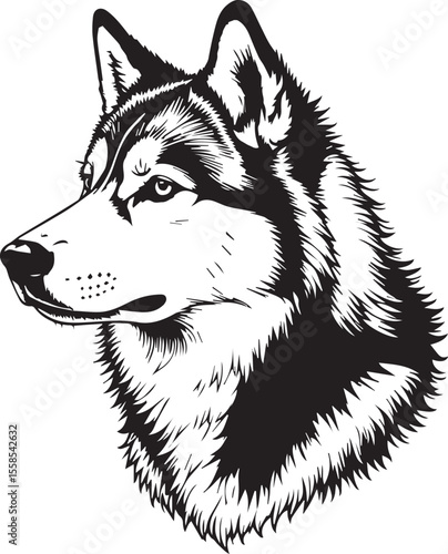 Majestic Husky Portrait: Striking black and white vector art showcases the noble profile of a Husky, its piercing gaze and thick fur conveying strength and grace.