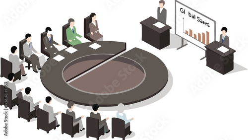 Isometric view of a business meeting with people sitting around a pie chart table and a sales presentation