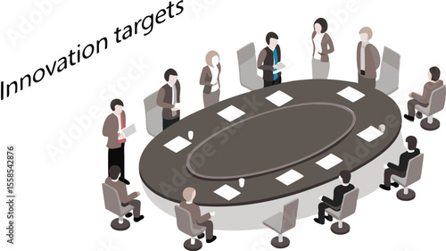 People sitting around a conference table in a meeting discussing innovation targets in a business setting