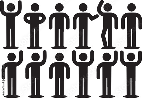 Man standing set, stick figure human. Vector illustration, pictogram of different human poses on white