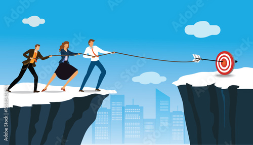 Group of businessmen, banker pulling up the target . .hard work, solving the problem and high professional achievements. Business concept illustration