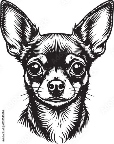 Chihuahua Portrait: A captivating black and white drawing showcases the endearing face of a chihuahua, emphasizing its alert gaze and charming features.