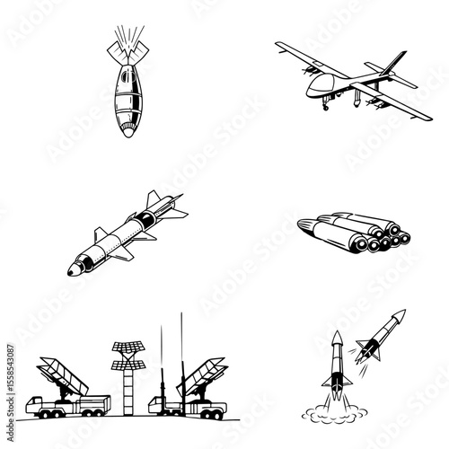 Aircraft bomb, cruise missile, drone, ammunition, air defense. Set of outline vector sketches of military equipment and weapons in doodle style