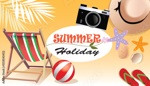 Vector illustration flat style summer holiday background. Good sunny day. Deck chair and beach umbrella on the sand coast. holiday concept.