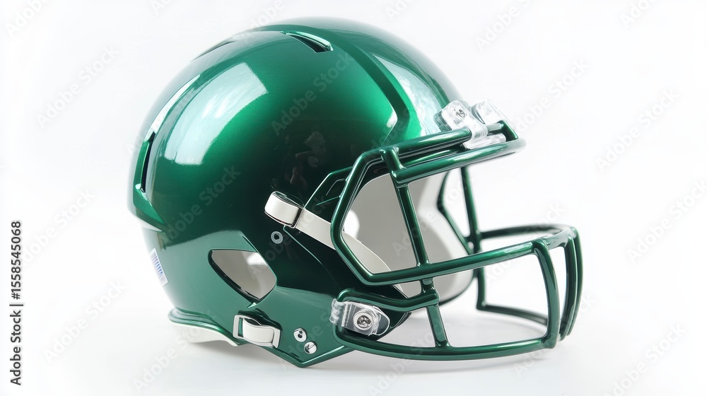 Naklejka premium Glossy green football helmet with white facemask, isolated on white background.