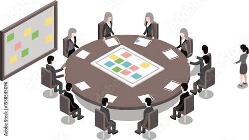Isometric view of business meeting with people around a round table and presentation board in the room