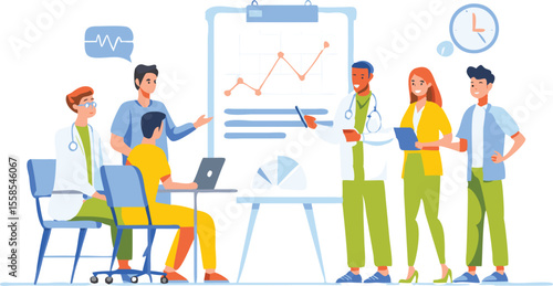Doctors in a meeting discussing data with a chart and laptop in a bright and modern office setting