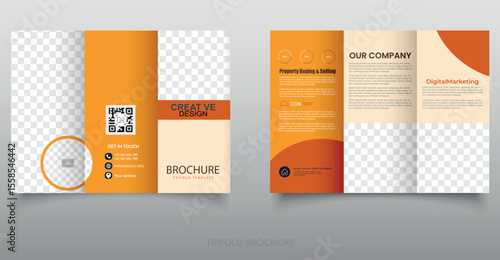 Orange trifold brochure, flyer template. Fully editable layout with placeholders for images and text.