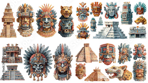 Detailed illustrations of Aztec masks, temples, and warrior motifs in traditional earthy tones, ideal for history, mythology, or indigenous culture-themed projects.

