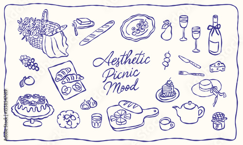 Collection of various aesthetic picnic line art elements. Hand drawn vector illustration. All elements are isolated.