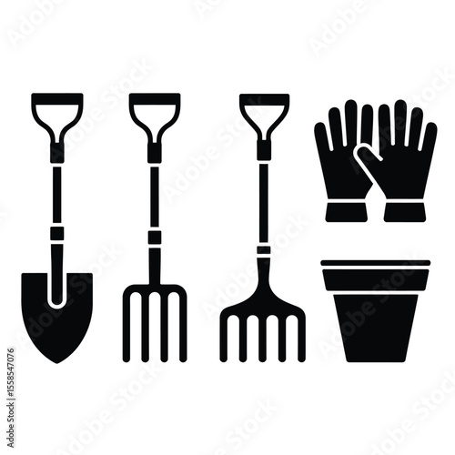 A black and white vector illustration of a minimalist garden tool set including shovel, rake, pot, and gloves