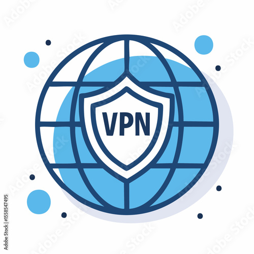 VPN Security Shield: A bold icon represents secure global network connection, with a stylized shield overlaying a globe, symbolizing internet privacy and secure data transmission.