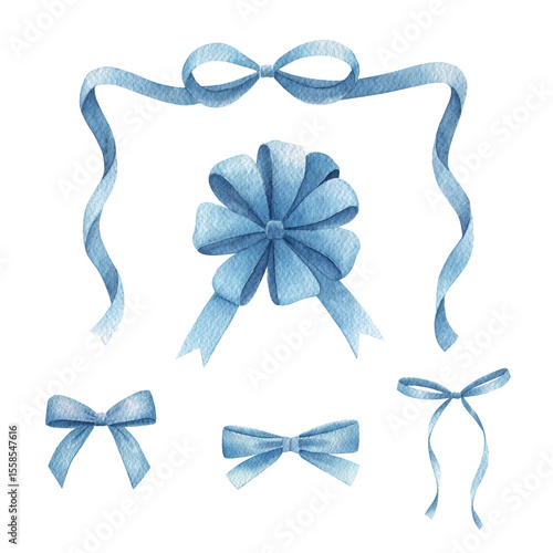 Watercolor isolated blue  bows  on white background.  Hand drawn sketch illustration