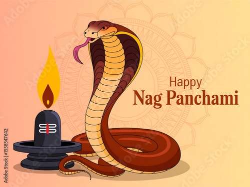 Illustration of cobra next to shiva lingam with flame for happy nag panchami day