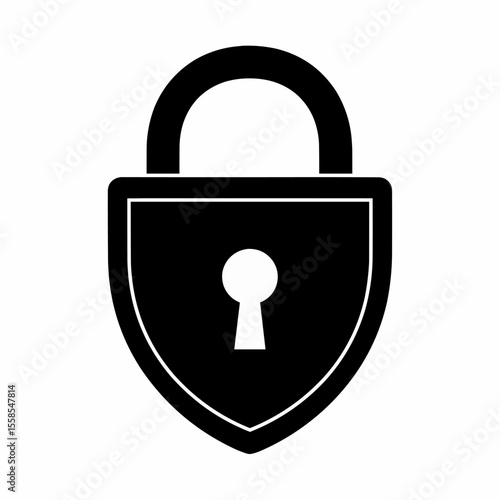 This high-quality vector graphic features a minimalist solid black shield-shaped padlock icon with a rounded shackle and inverted teardrop keyhole, emphasizing security and clean design.