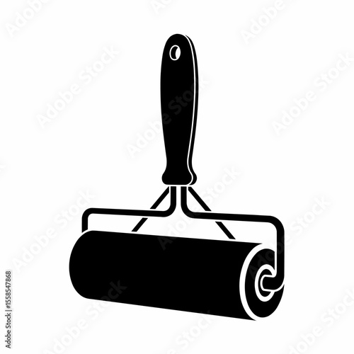 This high-quality EPS vector graphic features a minimalist black lint roller silhouette with a curved handle and large cylindrical roller, emphasizing cleaning and clean design.