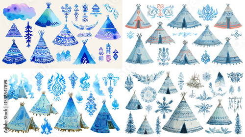 Frozen blue watercolor teepee and winter tribal ornament illustrations, ideal for Arctic, holiday, or frosty themed designs, invitations, and children's storytelling visuals.

