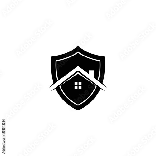 A black shield with a house roof and chimney and a window in the center on a white background art