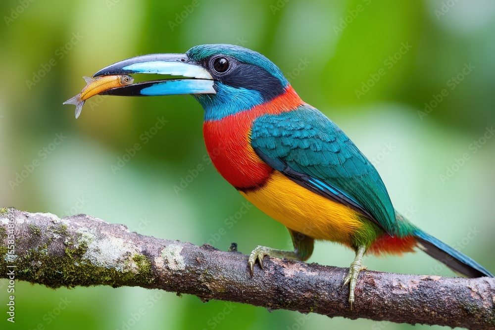 Fototapeta premium Colorful bird with blue beak holding prey on a branch