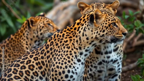 Two leopards resting together in lush green jungle environment  