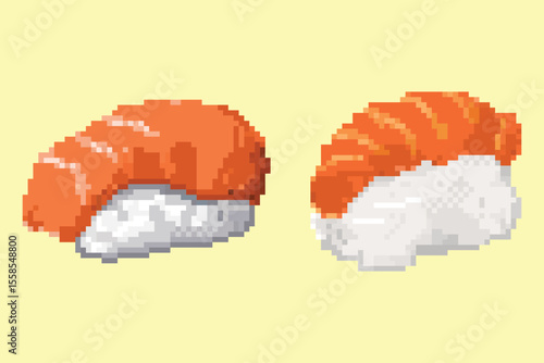 Pixel Art Salmon Nigiri Sushi. A detailed pixel art illustration featuring two pieces of salmon nigiri sushi