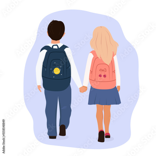 Kids go to school. Vector illustration of school boy and girl going to school in the morning.