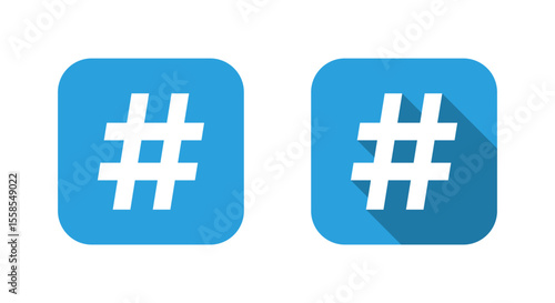 Hashtag icon with long shadow. Social media keyword symbol on blue square
