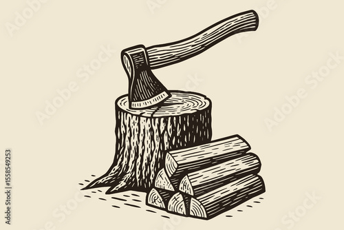 Axe on tree stump with firewood engraving style vector illustration

