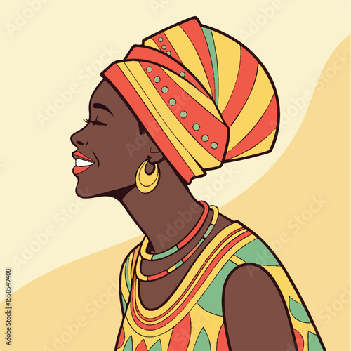 Stylish vector artwork of a strong woman in patterned traditional clothing and bright headwrap reflecting pride