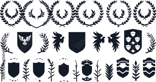 Collection of Black and White Heraldic Elements Shields Wreaths and Birds