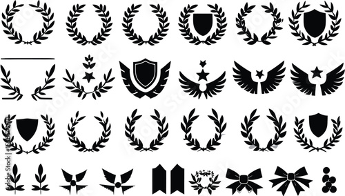 Collection of Black and White Laurel Wreaths Shields Wings and Bows