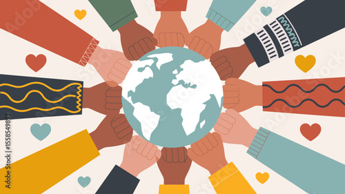 diverse hands making a fist bump circle around the globe, vector illustration for cultural diversity, global unity and international community collaboration
