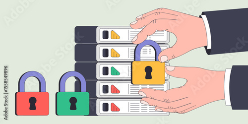 it administrator's hands applying security padlocks to server racks, vector illustration for data classification, sensitivity labeling and information protection
