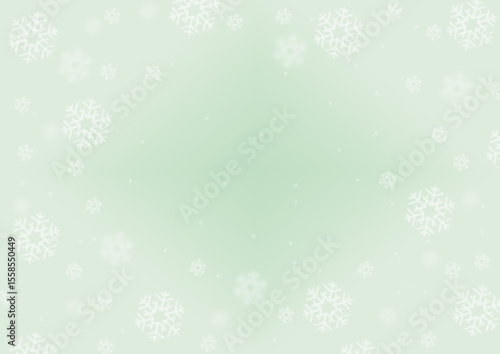 Green gradient background with white snowflakes of different sizes and blur.