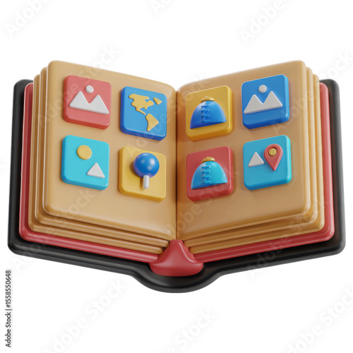 3d rendered open book with colorful icons representing travel photos and location pins isolated on transparent background
