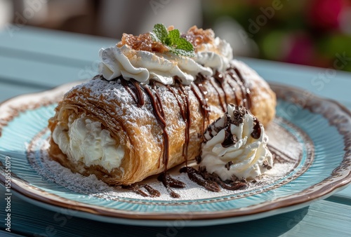 Delectable Pastry Roll with Cream and Chocolate Drizzle Garnished with Mint on a Beautiful Plate Surrounded by Colorful Background