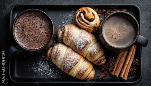 Delicately Crafted Croissants and Rich Hot Chocolate Served on a Black Tray with Spices and Sweet Cinnamon Rolls for a Cozy Breakfast Experience