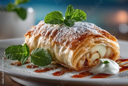 Delicious and Appetizing Dessert with Flaky Pastry, Sweet Apples, Fresh Mint Garnish, and Creamy Topping on a White Plate with Soft Background
