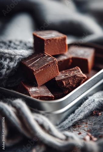 Delicious and Creamy Dark Chocolate Fudge on Cozy Gray Textured Background with Soft Fabric Draping