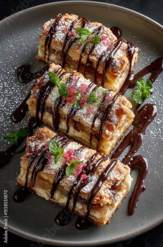 Delicious and Decadent Pastry Delight Featuring Chocolate Drizzle, Fresh Berries, and Mint Garnish on Elegant Serving Plate