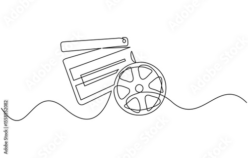 Continuous line drawing of retro old classic movie board clapper and film reel, Movie scene episode production concept. Vector illustration isolated on white.