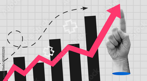 Business growth concept art retro collage. Hand holding rising arrow chart. Trendy modern retro banner.