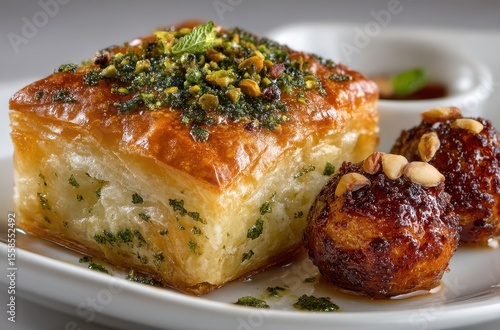 Delicious and Sweet Middle Eastern Dessert Platter with Baklava and Sweet Fried Balls Garnished with Nuts and Syrup for Lavish Dining Occasion