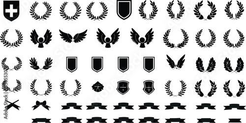 Collection of Black Heraldic Elements Wreaths Shields Wings and Ribbons