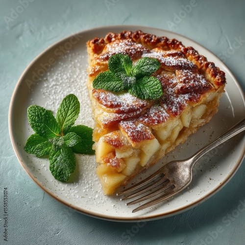 Delicious apple pie slice with mint garnish on a plate, highlighted by a sprinkle of powdered sugar and a vintage fork on a textured table surface